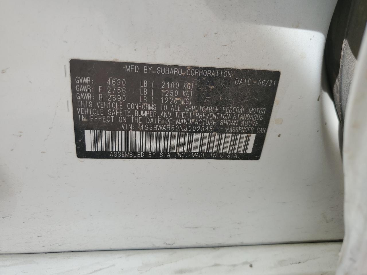 2022 Subaru Legacy VIN 4S3BWAB60N3002545 Copart auction photo, rear end / front end damage thumbnail 15