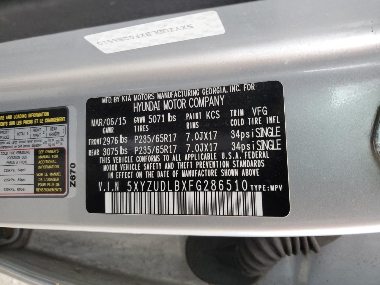 2015 Hyundai Santa Fe VIN 5XYZUDLBXFG286510 Copart auction photo, minor dent/scratches damage thumbnail 13