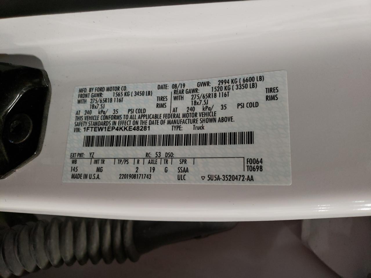 2019 Ford F-150 VIN 1FTEW1EP4KKE48281 Copart auction photo, all over damage thumbnail 14