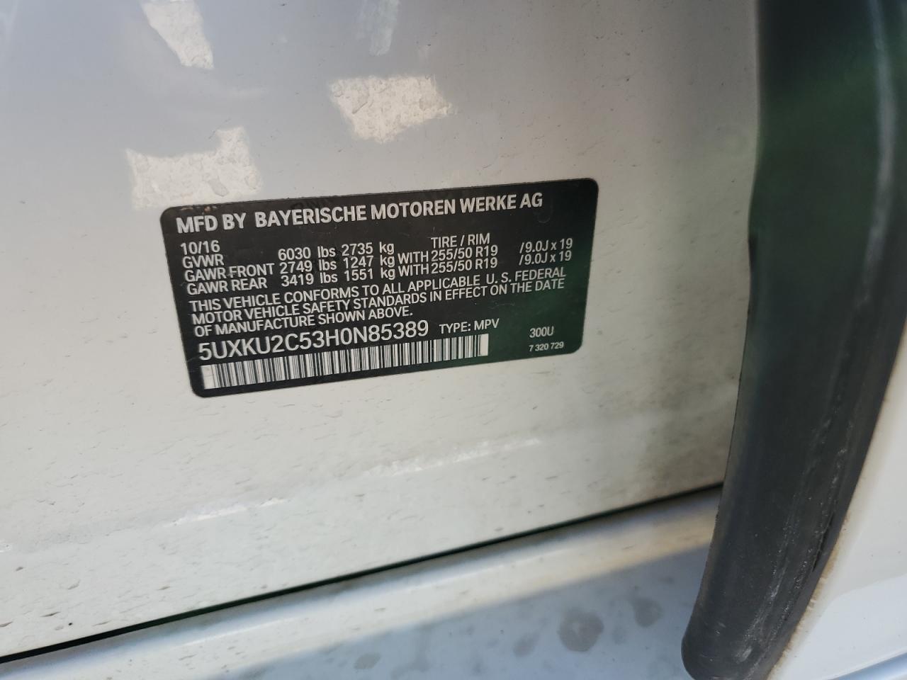 2017 BMW X6 VIN 5UXKU2C53H0N85389 Copart auction photo, front end / minor dent/scratches damage thumbnail 15
