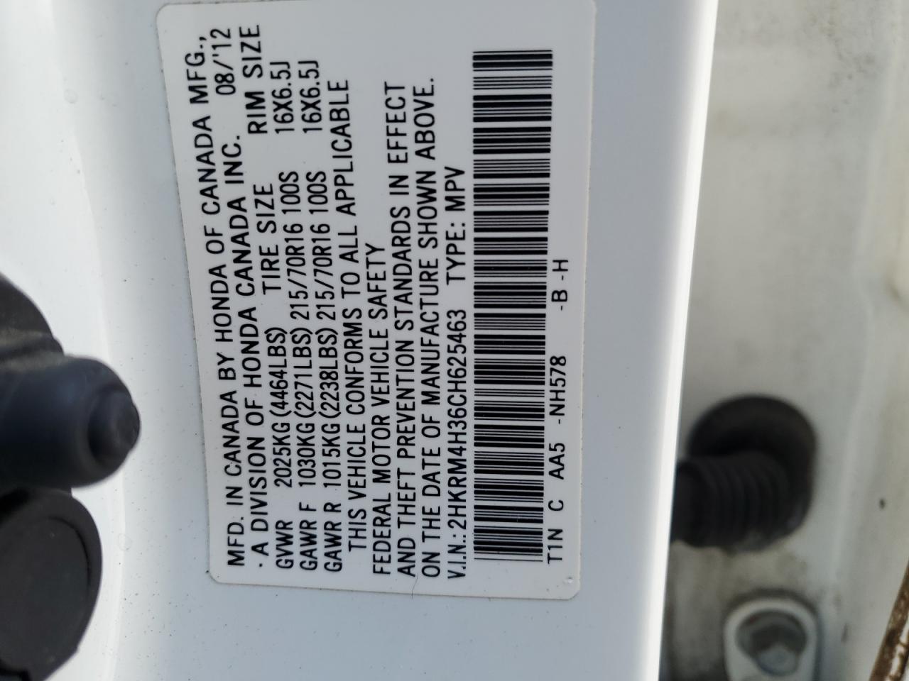 2012 Honda CR-V VIN 2HKRM4H36CH625463 Copart auction photo, all over damage thumbnail 15