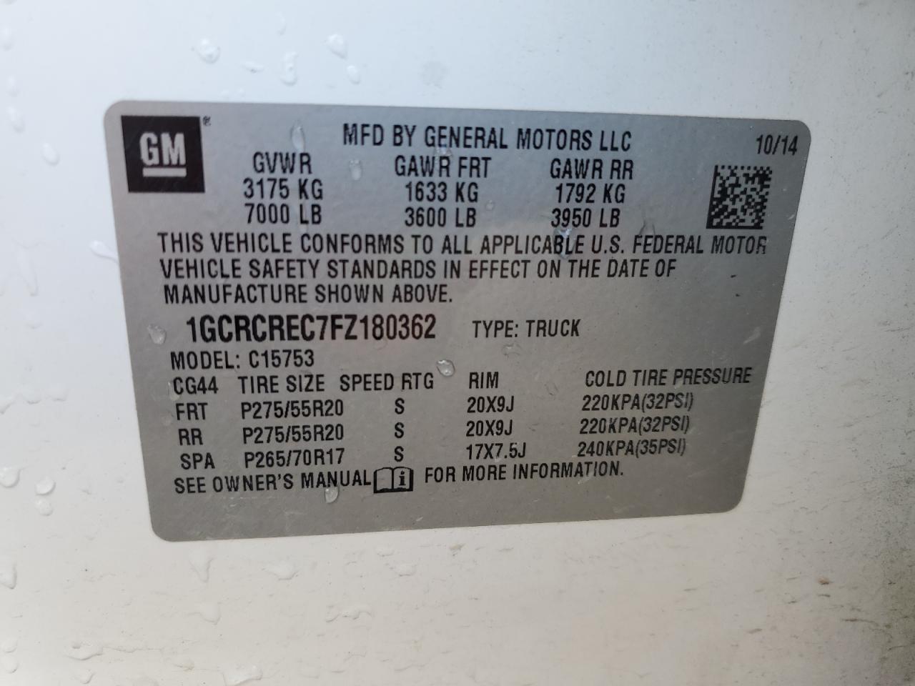 2015 Chevrolet Silverado VIN 1GCRCREC7FZ180362 Copart auction photo, rear end damage thumbnail 12