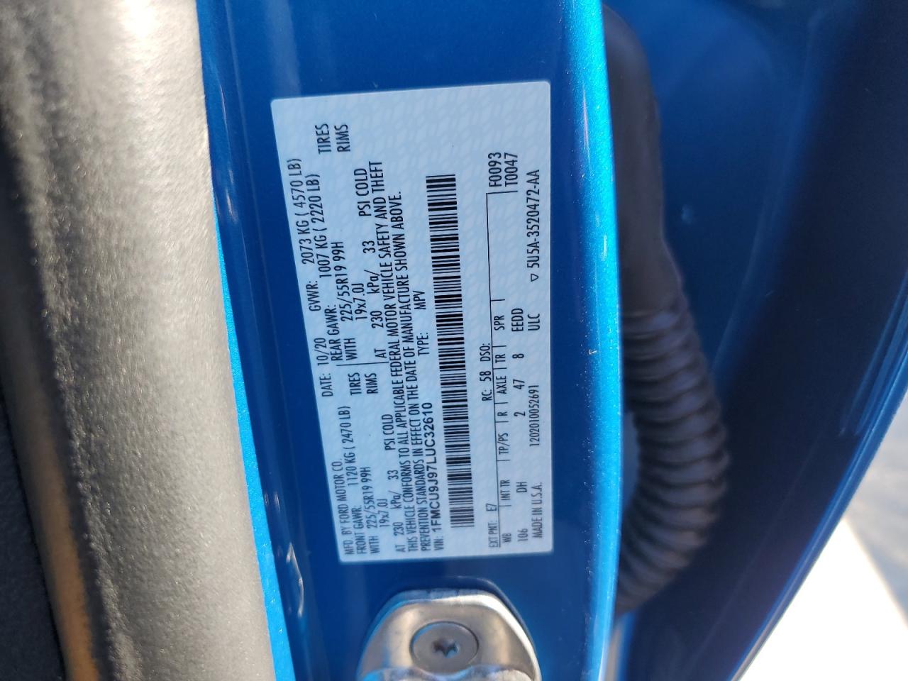 2020 Ford Escape VIN 1FMCU9J97LUC32610 Copart auction photo, side / undercarriage damage thumbnail 13