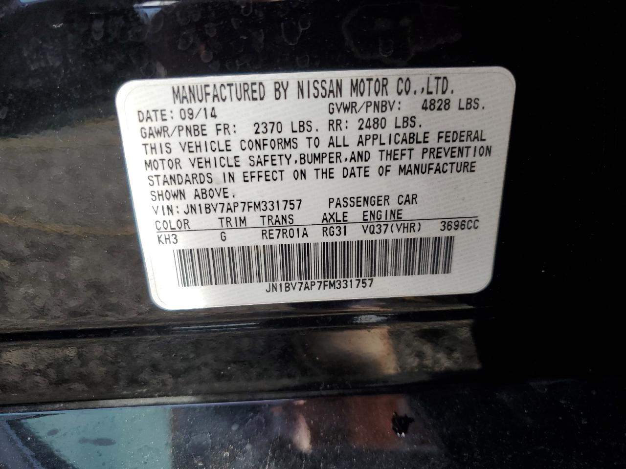 2015 Infiniti Q50 VIN JN1BV7AP7FM331757 Copart auction photo, rear end damage thumbnail 12