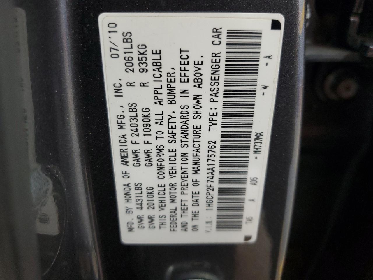 2010 Honda Accord VIN 1HGCP2F74AA175762 Copart auction photo, side damage thumbnail 12