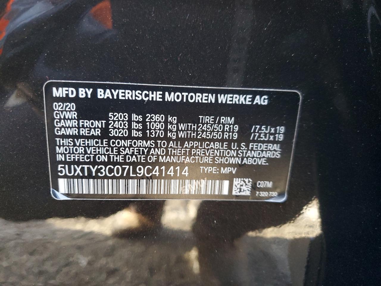 2020 BMW X3 VIN 5UXTY3C07L9C41414 Copart auction photo, front end / minor dent/scratches damage thumbnail 16