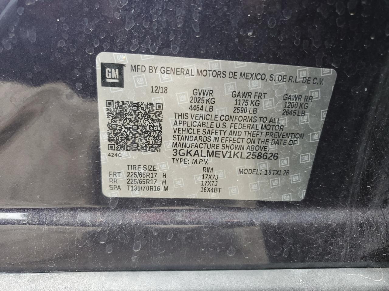 2019 GMC Terrain VIN 3GKALMEV1KL258626 Copart auction photo, front end damage thumbnail 13