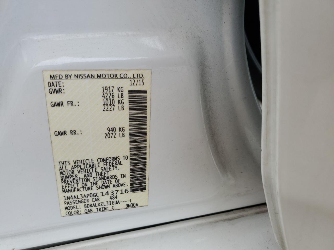2016 Nissan Altima VIN 1N4AL3AP0GC143716 Copart auction photo, all over damage thumbnail 12