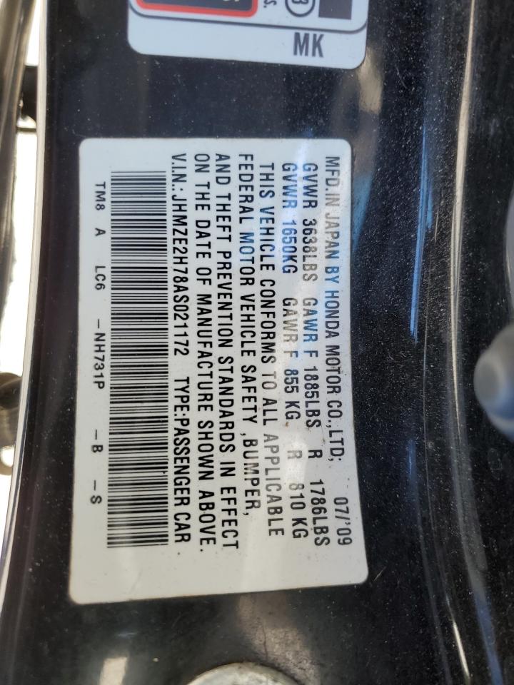 2010 Honda Insight VIN JHMZE2H78AS021172 Copart auction photo, rear end damage thumbnail 12