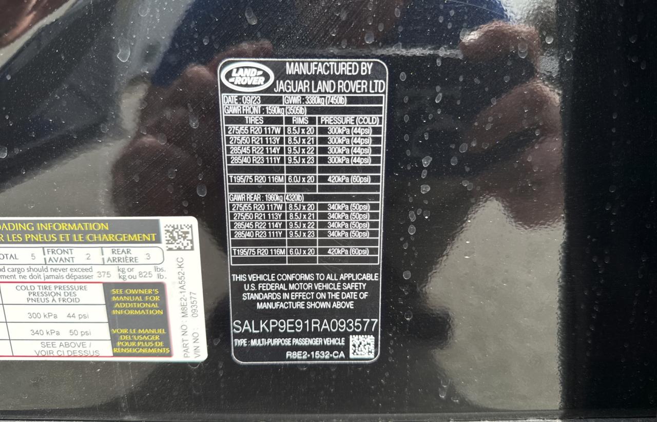 2024 Land Rover Range Rover VIN SALKP9E91RA093577 Copart auction photo, minor dent/scratches / normal wear damage thumbnail 10