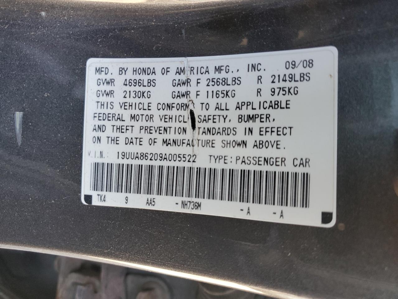 2009 Acura TL VIN 19UUA86209A005522 Copart auction photo, minor dent/scratches damage thumbnail 12