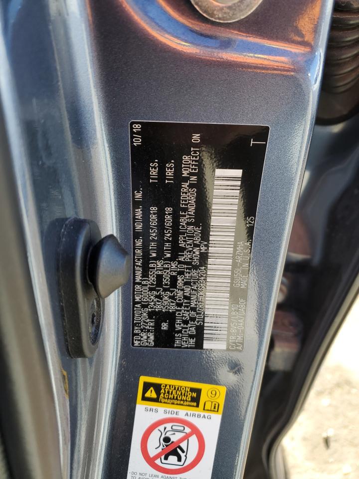 2019 Toyota Highlander VIN 5TDJZRFH0KS934204 Copart auction photo, all over damage thumbnail 14