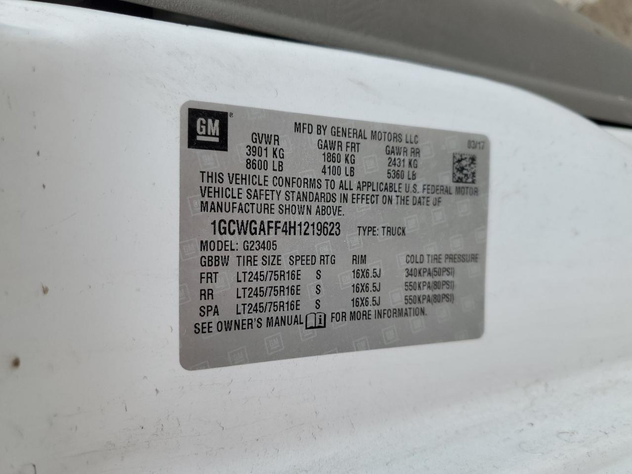 2017 Chevrolet Express VIN 1GCWGAFF4H1219623 Copart auction photo, front end damage thumbnail 13