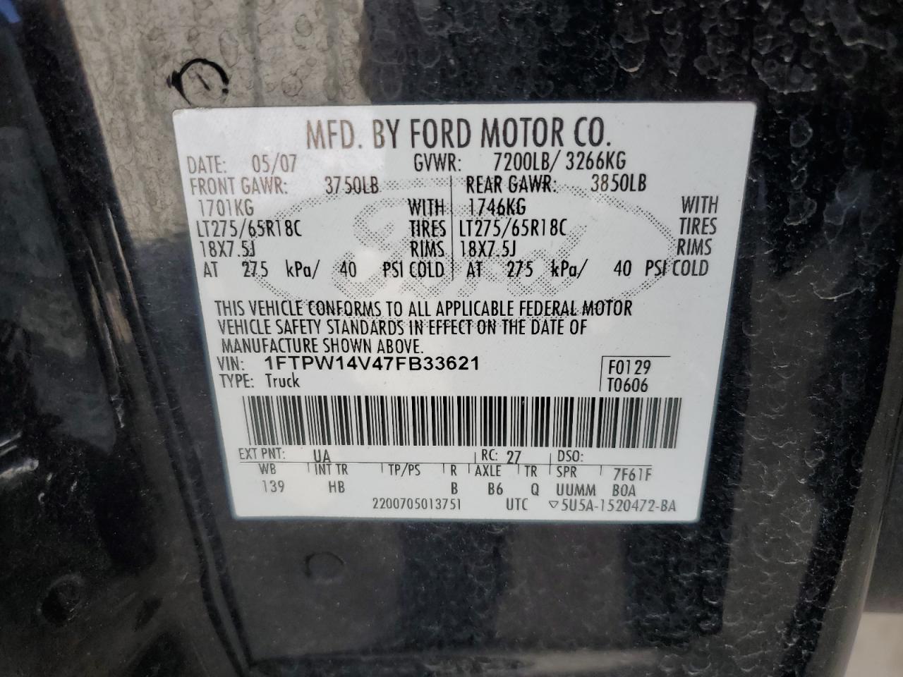 2007 Ford F-150 VIN 1FTPW14V47FB33621 Copart auction photo, front end damage thumbnail 12