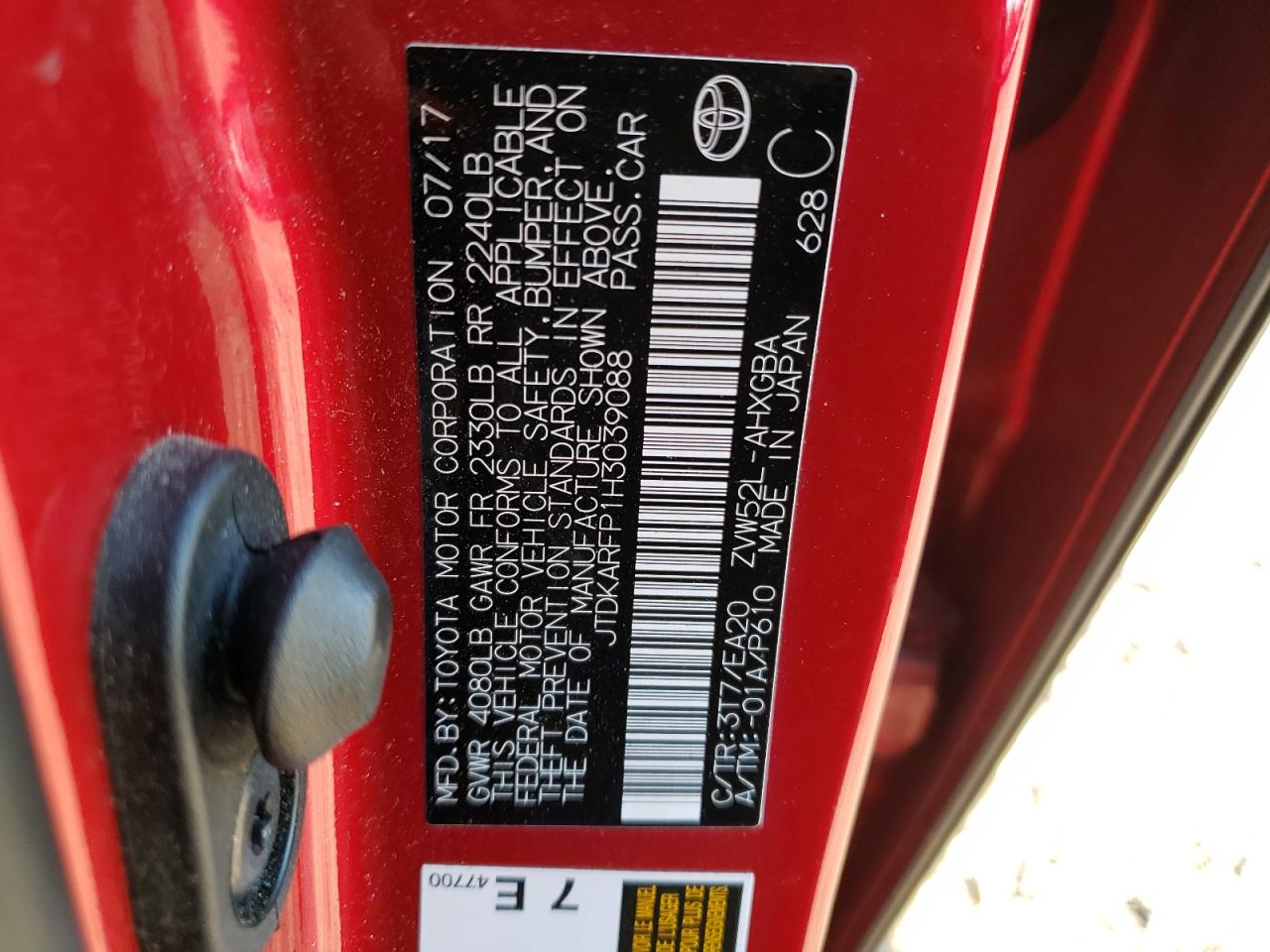 2017 Toyota Prius VIN JTDKARFP1H3039088 Copart auction photo, mechanical / minor dent/scratches damage thumbnail 13