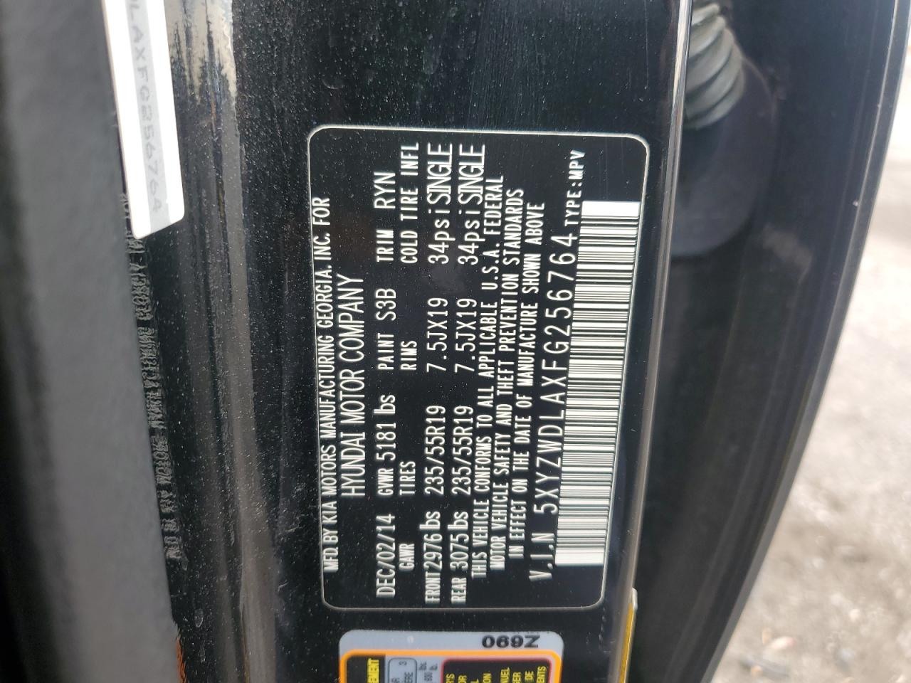 2015 Hyundai Santa Fe VIN 5XYZWDLAXFG256764 Copart auction photo, front end damage thumbnail 15