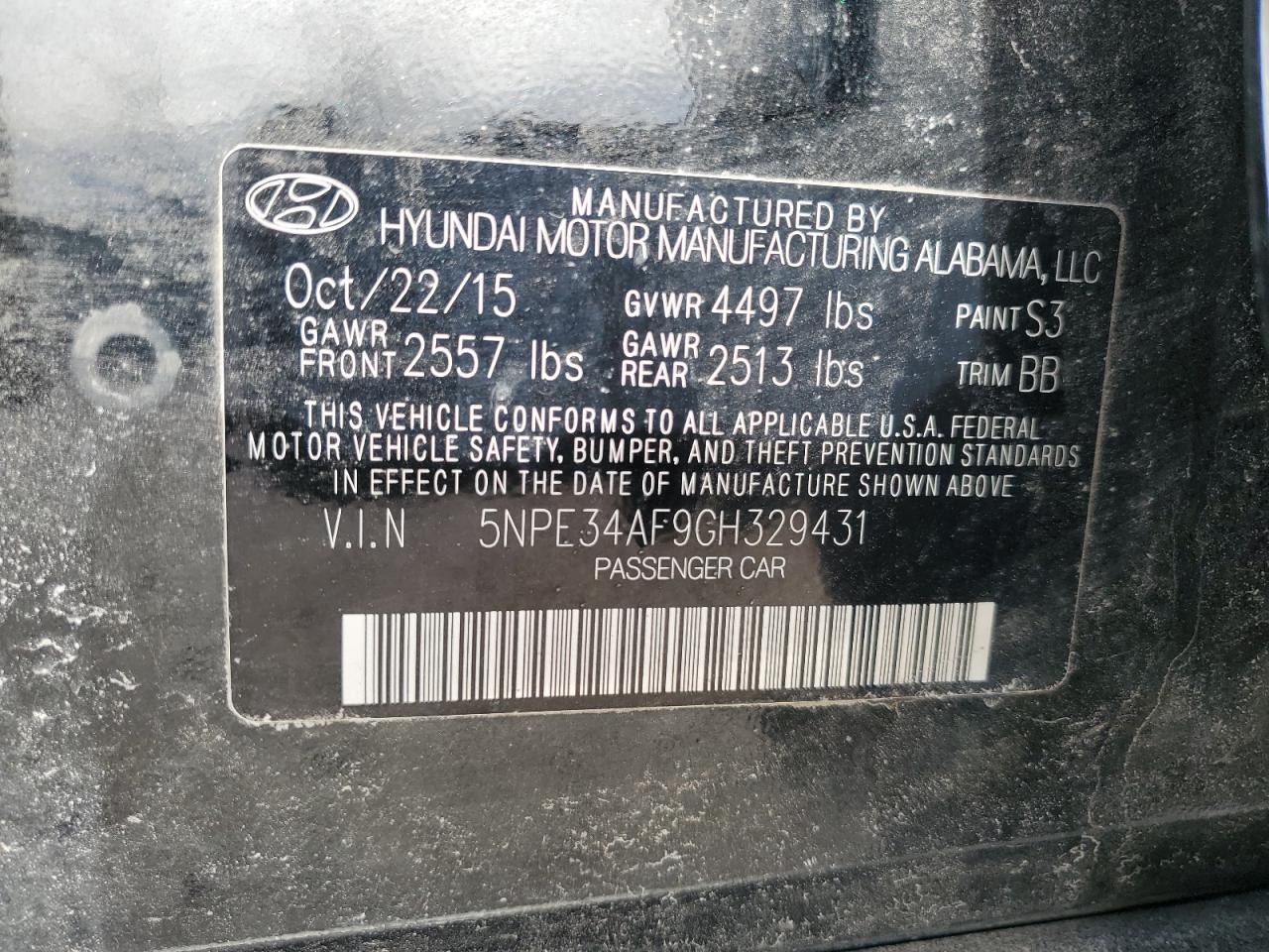 2016 Hyundai Sonata VIN 5NPE34AF9GH329431 Copart auction photo, front end damage thumbnail 12