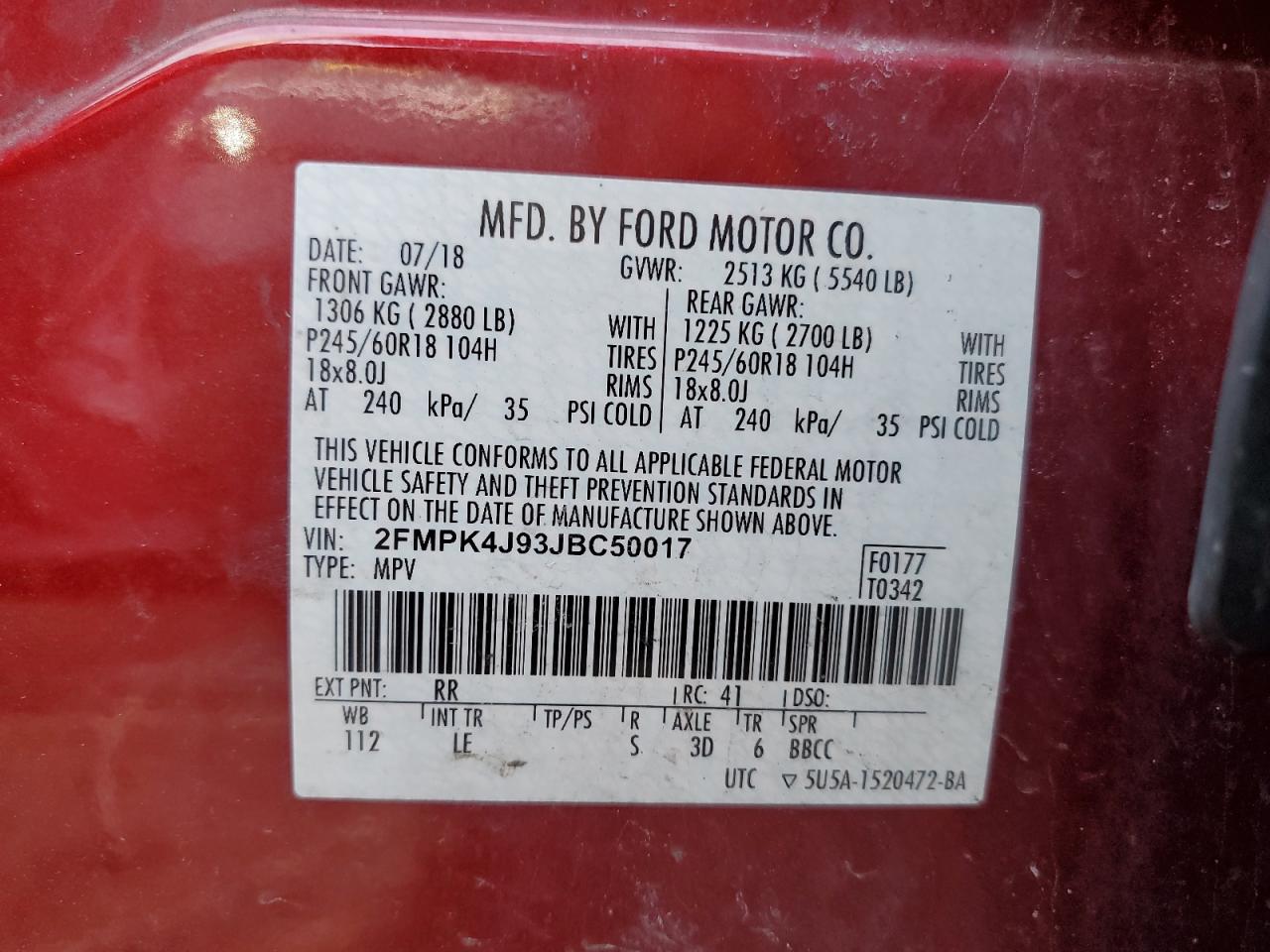 2018 Ford Edge VIN 2FMPK4J93JBC50017 Copart auction photo, front end / mechanical damage thumbnail 13