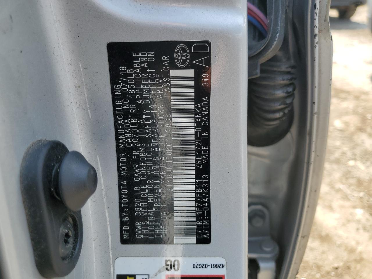 2019 Toyota Corolla VIN 2T1BURHE0KC152838 Copart auction photo, all over / undercarriage damage thumbnail 12