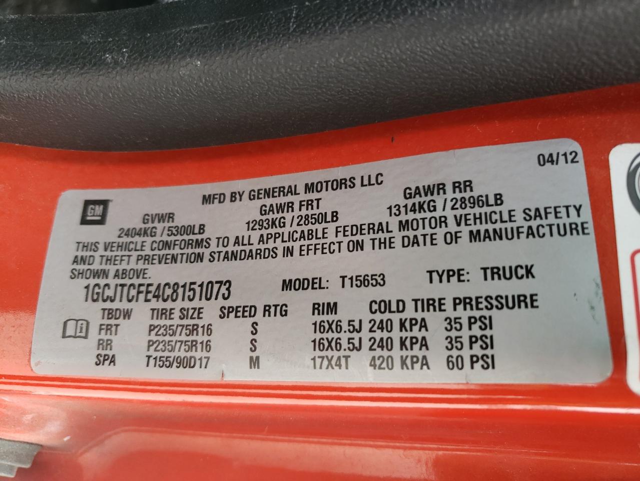 2012 Chevrolet Colorado VIN 1GCJTCFE4C8151073 Copart auction photo, front end / rear end damage thumbnail 14
