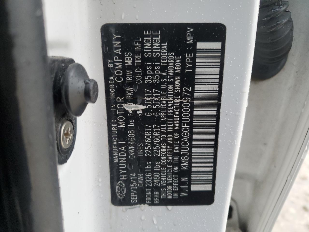 2015 Hyundai Tucson VIN KM8JUCAG0FU000972 Copart auction photo, front end / frame damage damage thumbnail 13