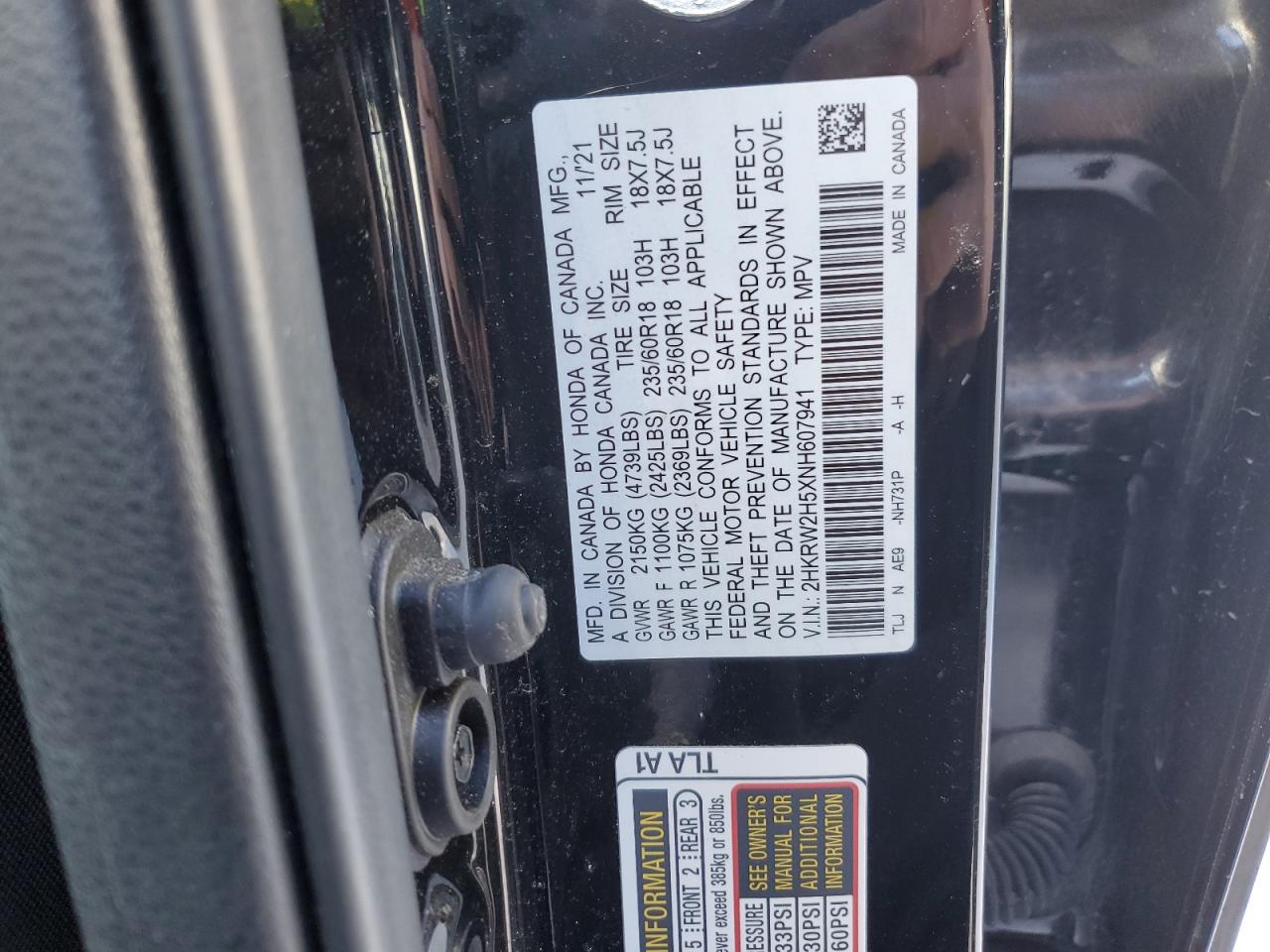 2022 Honda CR-V VIN 2HKRW2H5XNH607941 Copart auction photo, rear end damage thumbnail 13