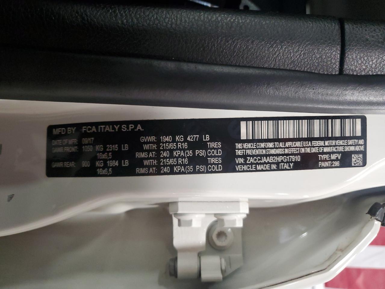 2017 Jeep Renegade VIN ZACCJAAB2HPG17910 Copart auction photo, front end damage thumbnail 14