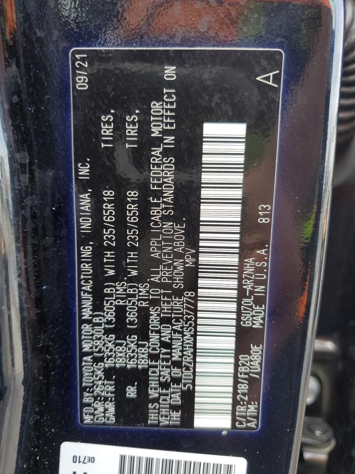 2021 Toyota Highlander VIN 5TDCZRAHXMS537778 Copart auction photo, front end / side damage thumbnail 14