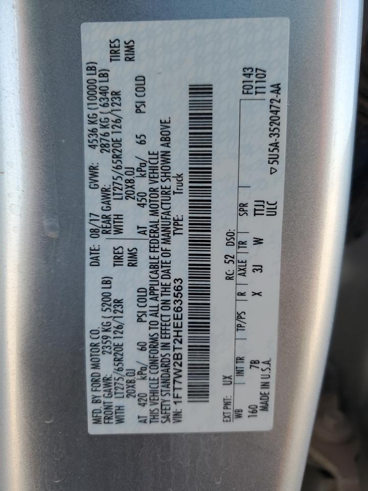 2017 Ford F250 VIN 1FT7W2BT2HEE63563 Copart auction photo, hail damage thumbnail 12