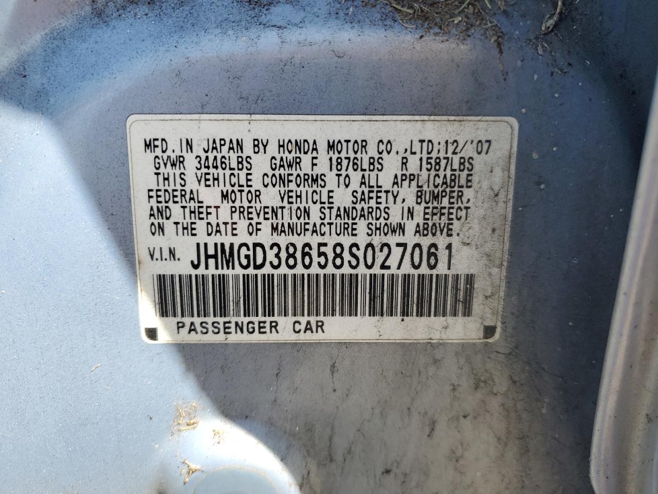 2008 Honda Fit VIN JHMGD38658S027061 Copart auction photo, minor dent/scratches damage thumbnail 12