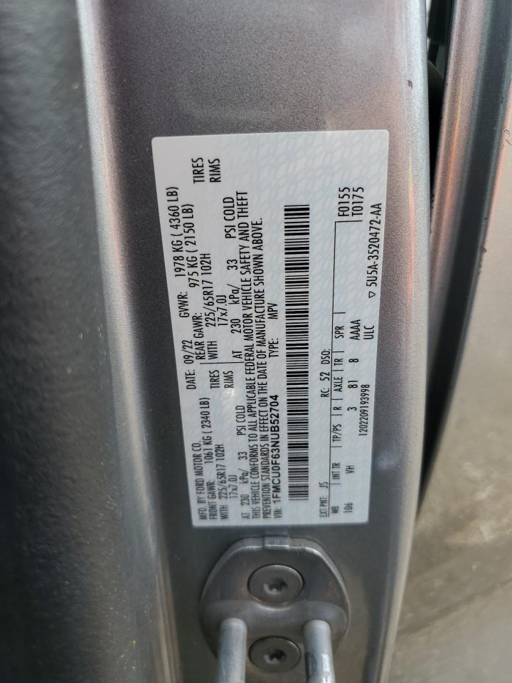 2022 Ford Escape VIN 1FMCU0F63NUB52704 Copart auction photo, undercarriage / side damage thumbnail 13