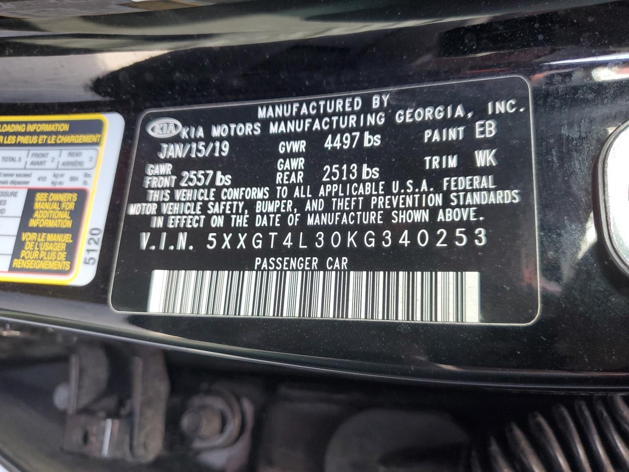 2019 KIA Optima VIN 5XXGT4L30KG340253 Copart auction photo, rear end damage thumbnail 12