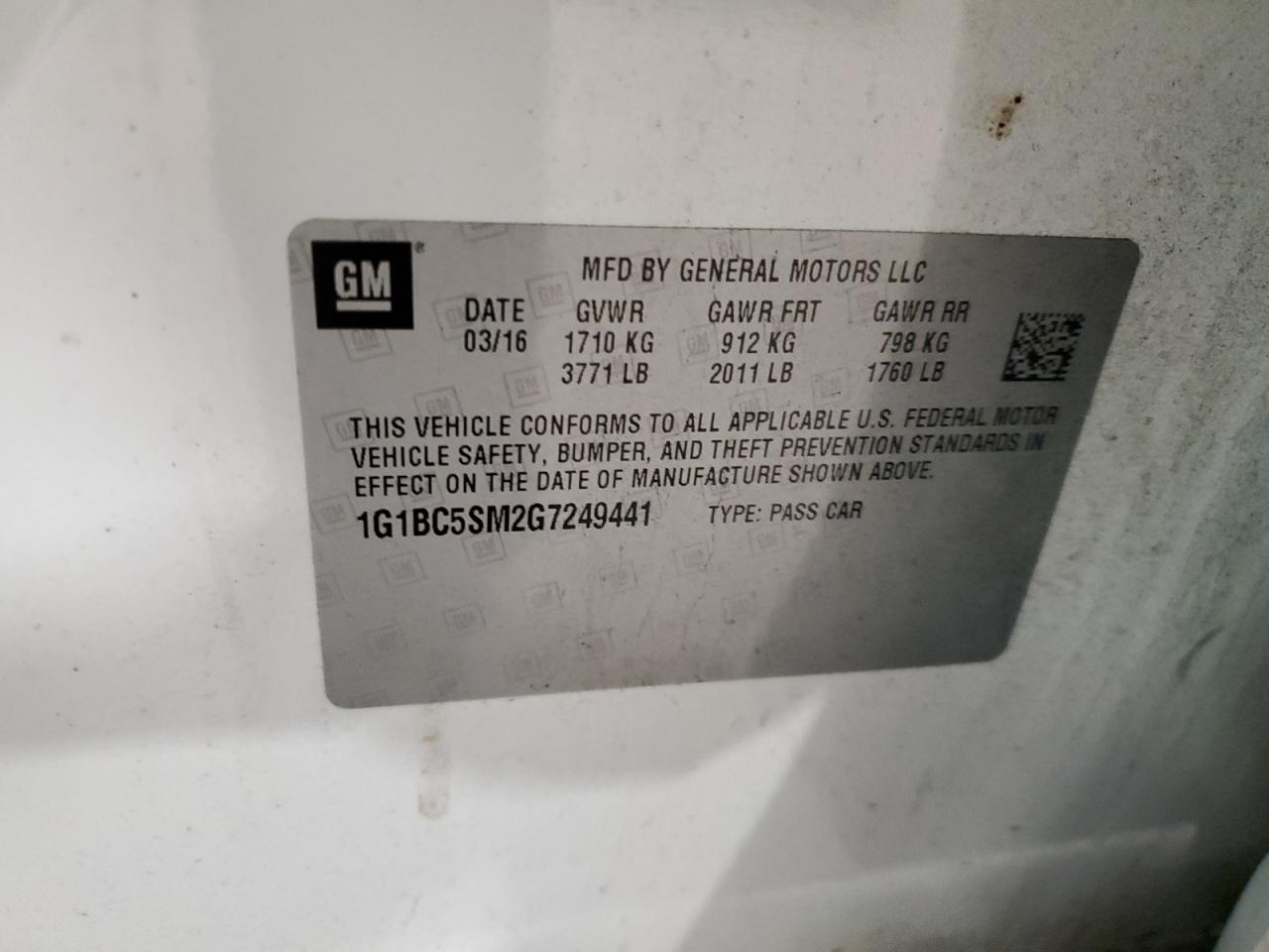 2016 Chevrolet Cruze VIN 1G1BC5SM2G7249441 Copart auction photo, front end damage thumbnail 14