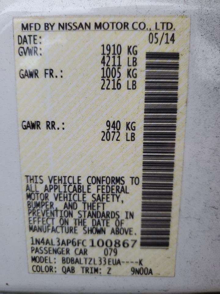 2015 Nissan Altima VIN 1N4AL3AP6FC100867 Copart auction photo, front end / side damage thumbnail 13