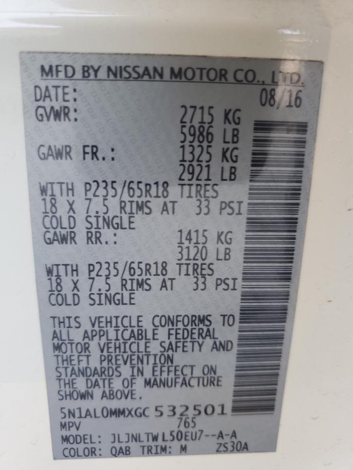 2016 Infiniti QX60 VIN 5N1AL0MMXGC532501 Copart auction photo, front end damage thumbnail 13