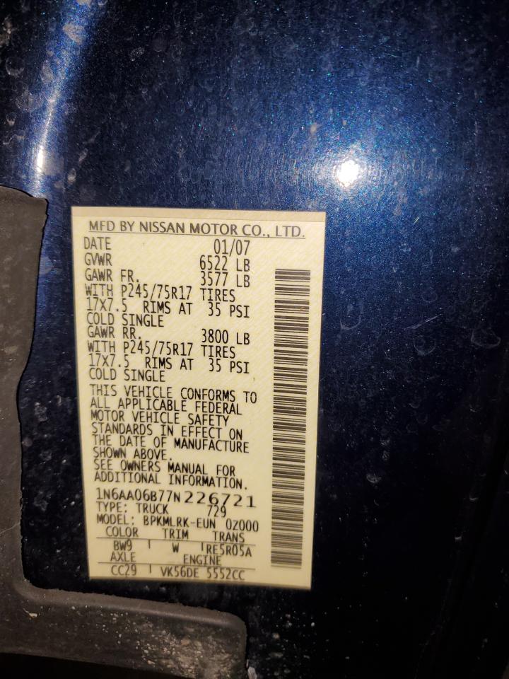 2007 Nissan Titan VIN 1N6AA06B77N226721 Copart auction photo, all over / top/roof damage thumbnail 13