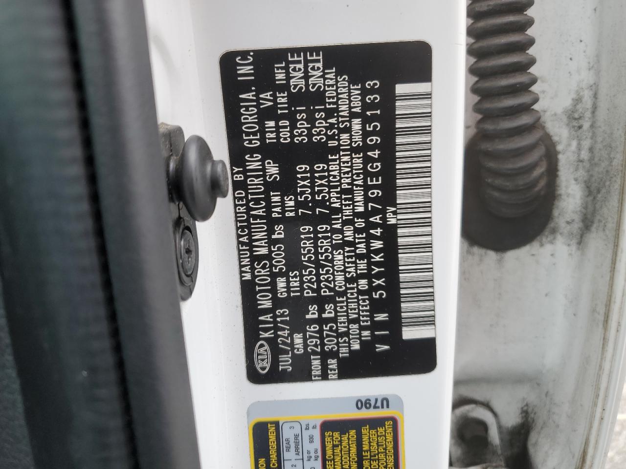 2014 KIA Sorento VIN 5XYKW4A79EG495133 Copart auction photo, minor dent/scratches damage thumbnail 13