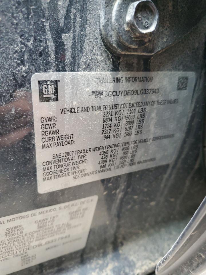 2020 Chevrolet Silverado VIN 3GCUYDED9LG337943 Copart auction photo, front end / side damage thumbnail 12