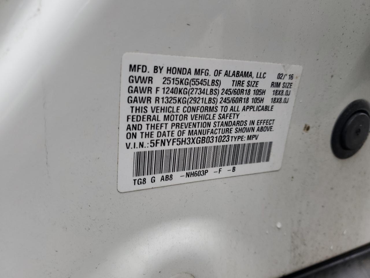 2016 Honda Pilot VIN 5FNYF5H3XGB031023 Copart auction photo, front end damage thumbnail 14