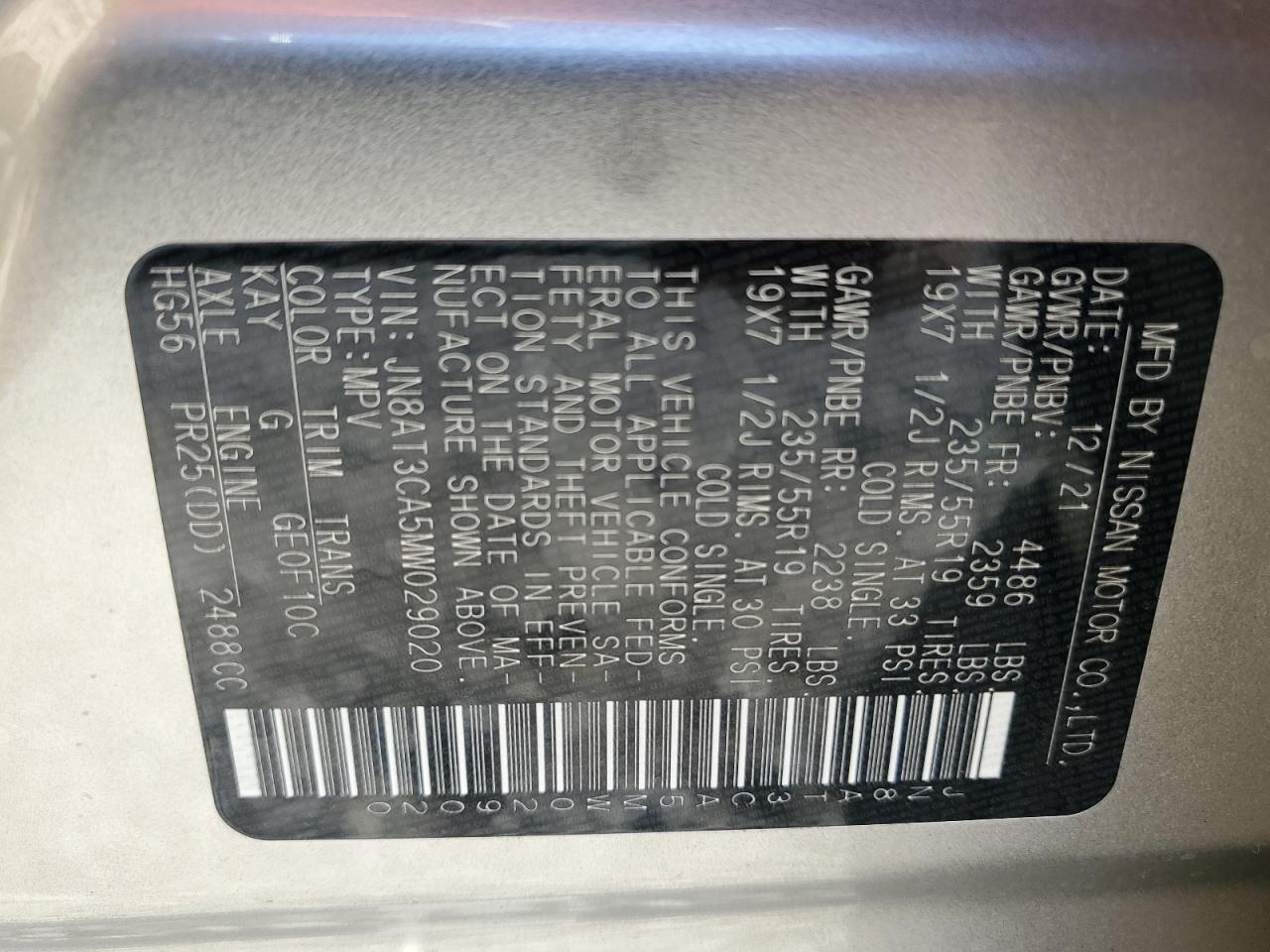 2021 Nissan Rogue VIN JN8AT3CA5MW029020 Copart auction photo, rear end damage thumbnail 14