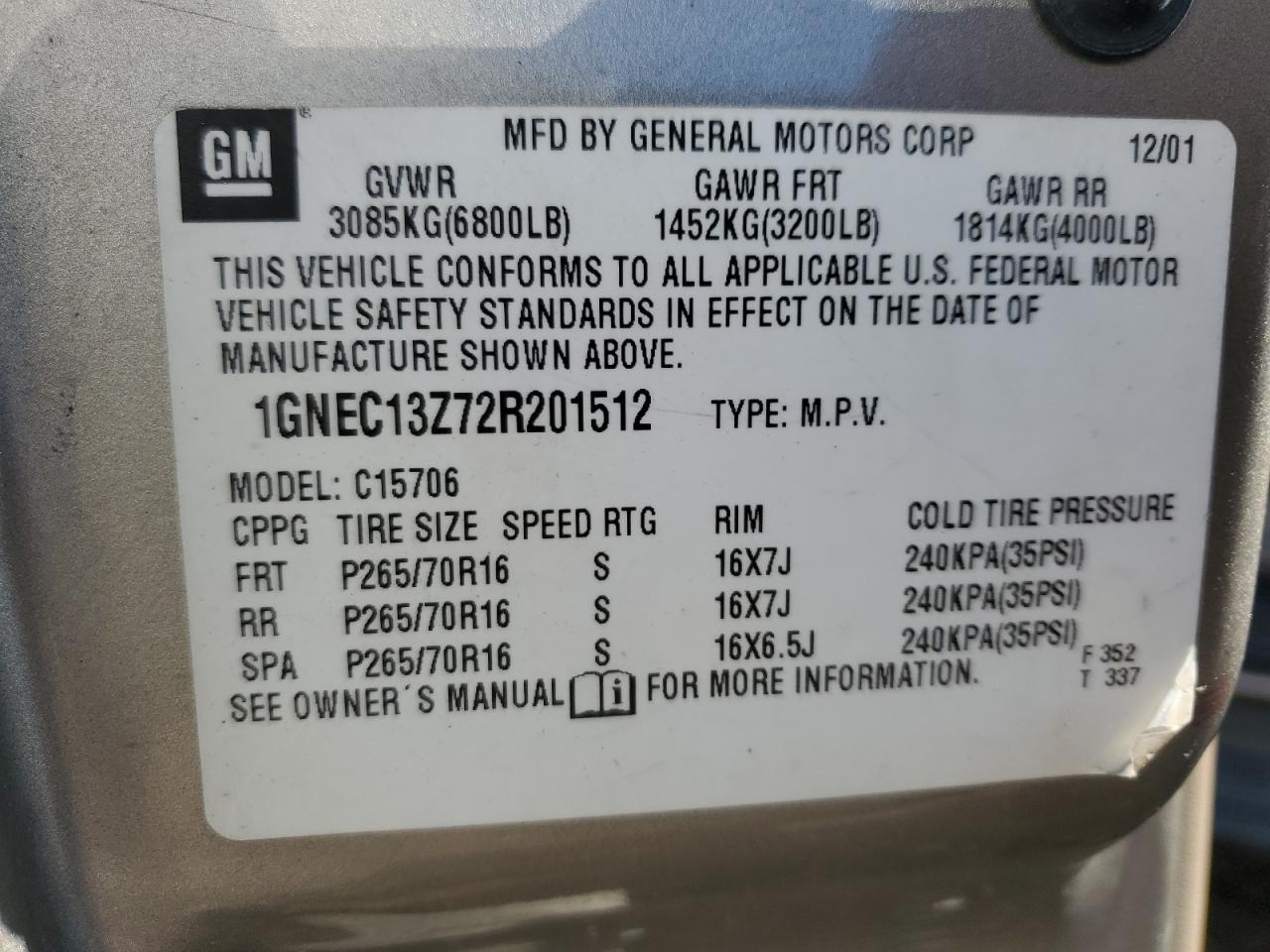 2002 Chevrolet Tahoe VIN 1GNEC13Z72R201512 Copart auction photo, front end / side damage thumbnail 12
