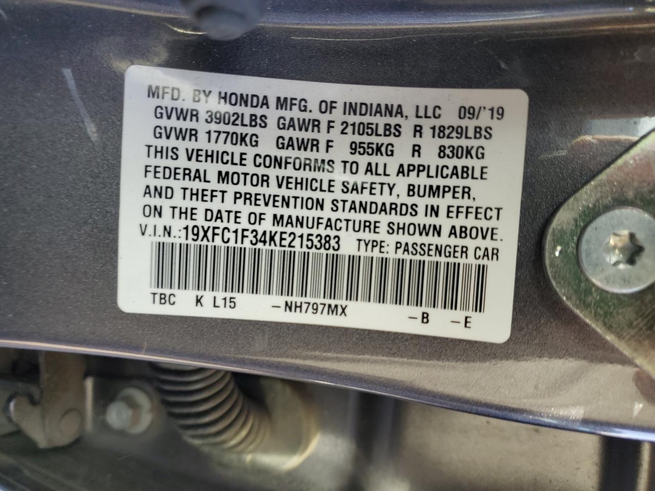 2019 Honda Civic VIN 19XFC1F34KE215383 Copart auction photo, all over damage thumbnail 13