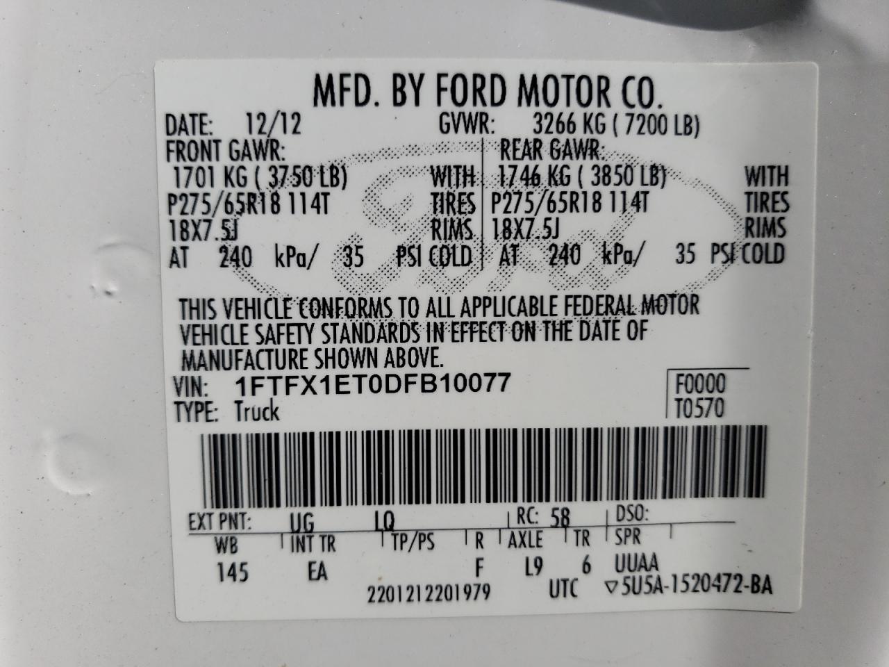 2013 Ford F-150 VIN 1FTFX1ET0DFB10077 Copart auction photo, front end / hail damage thumbnail 12