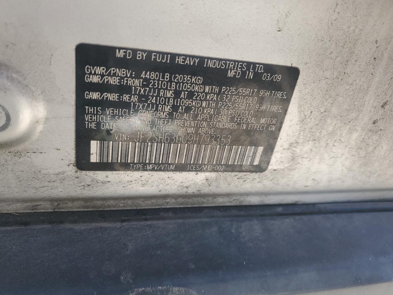 2009 Subaru Forester VIN JF2SH63609H793353 Copart auction photo, front end damage thumbnail 13