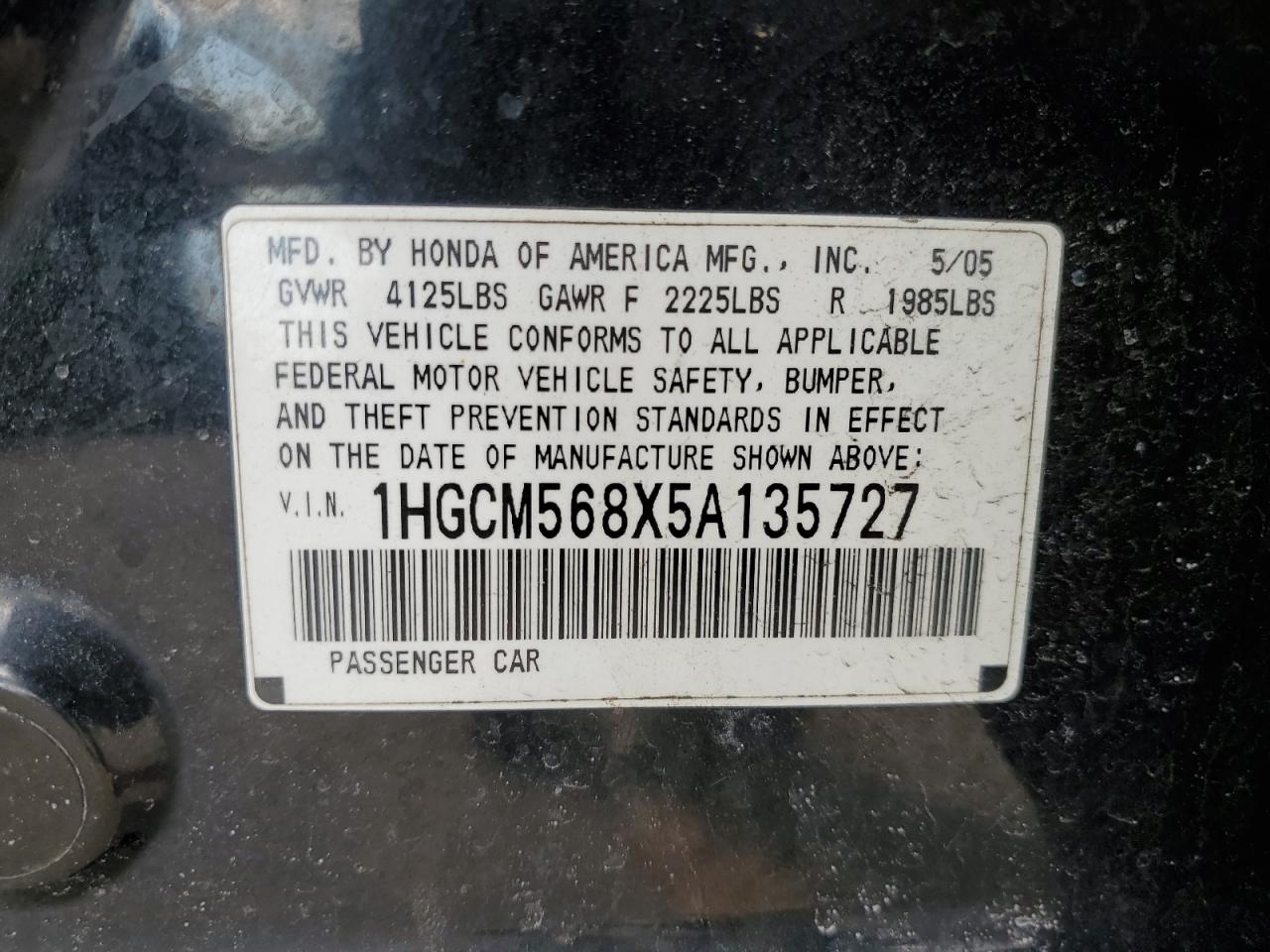 2005 Honda Accord VIN 1HGCM568X5A135727 Copart auction photo, rear end / minor dent/scratches damage thumbnail 14