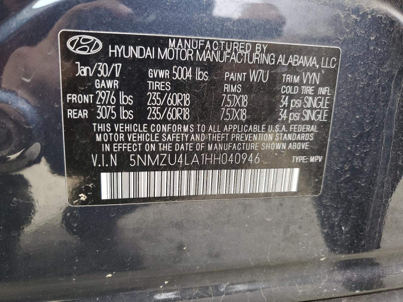 2017 Hyundai Santa Fe VIN 5NMZU4LA1HH040946 Copart auction photo, front end damage thumbnail 14