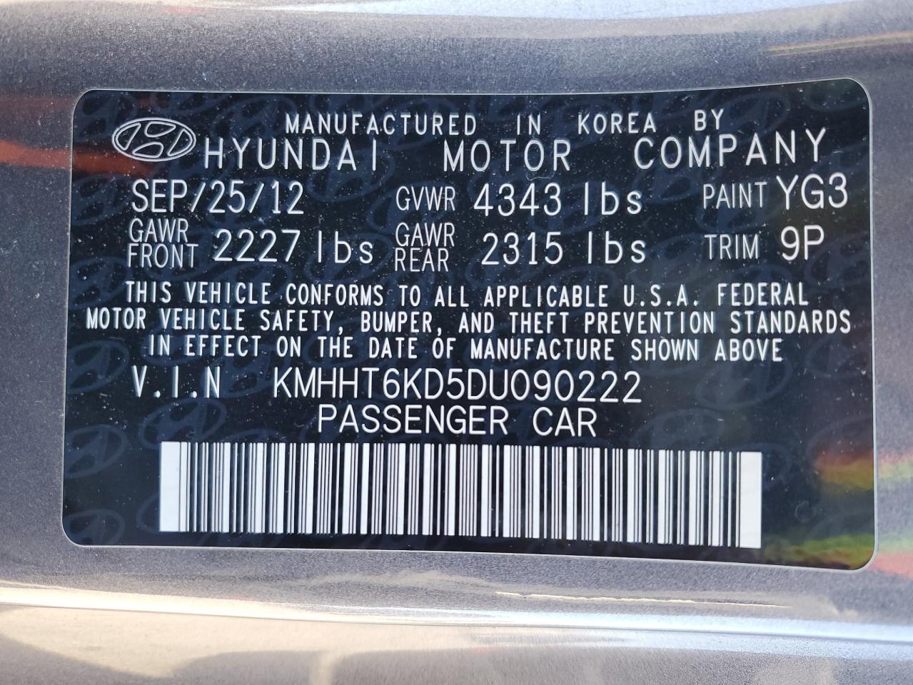 2013 Hyundai Genesis VIN KMHHT6KD5DU090222 Copart auction photo, front end / undercarriage damage thumbnail 12