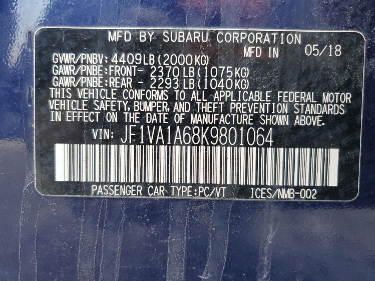 2019 Subaru WRX VIN JF1VA1A68K9801064 Copart auction photo, front end damage thumbnail 13