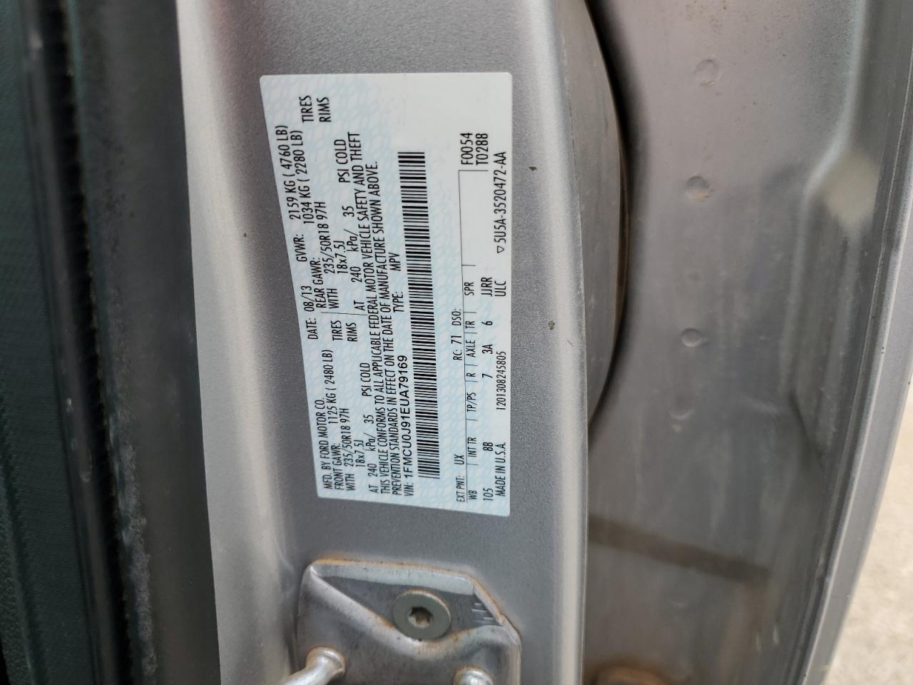 2014 Ford Escape VIN 1FMCU0J91EUA79169 Copart auction photo, mechanical / normal wear damage thumbnail 13