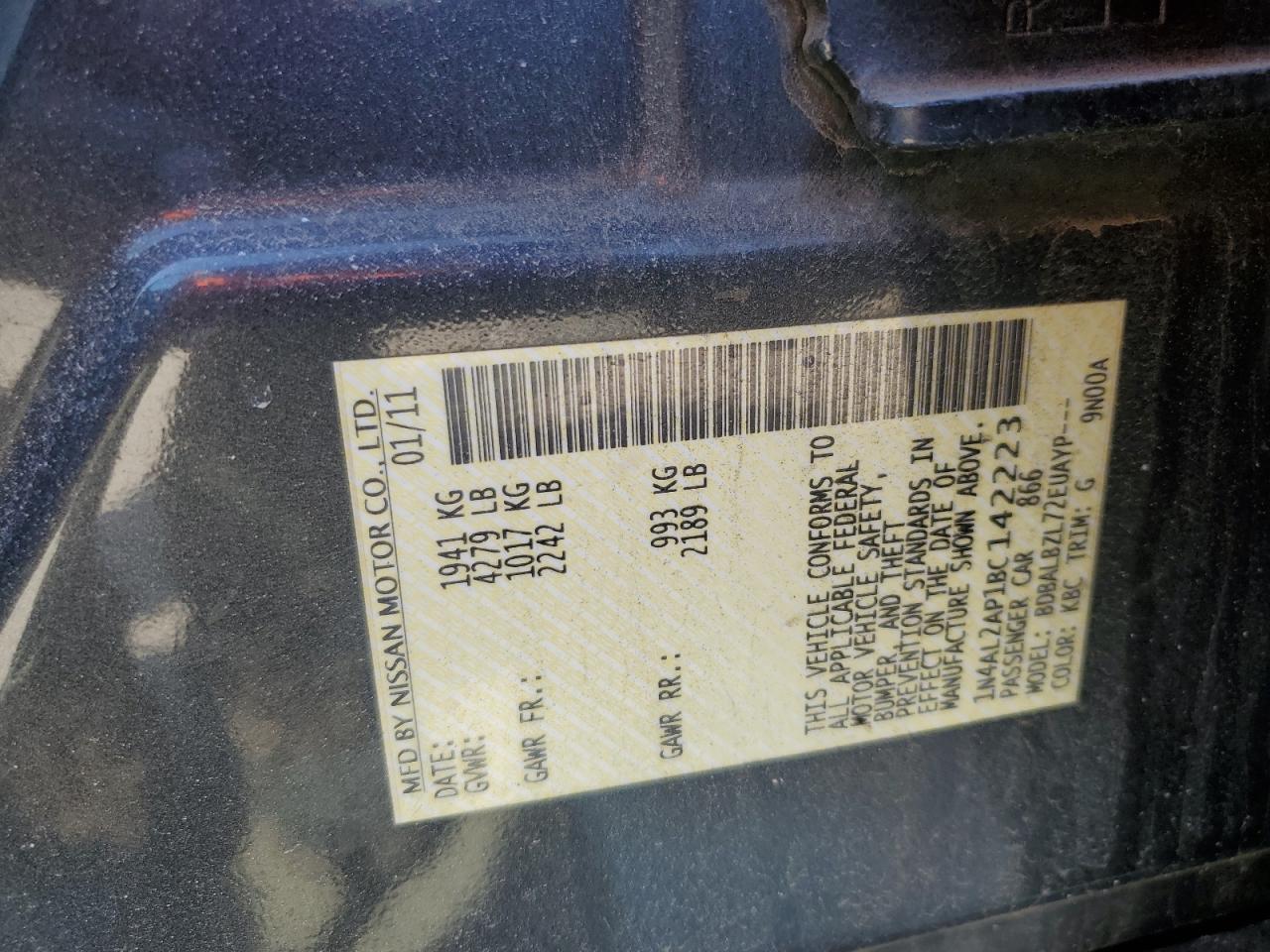 2011 Nissan Altima VIN 1N4AL2AP1BC142223 Copart auction photo, front end damage thumbnail 12